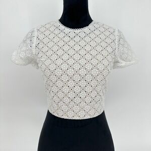 MICHAEL‎ MICHAEL KORS Geo Eyelet Cropped Short Sleeve Top White Size 0 XS $155